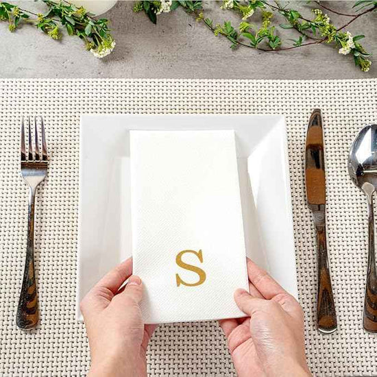 Luxenap 15.8 X 7.9 Inch Linen-Feel Guest Towels, 2000 Lettered Hand Towels - Gold Letter 'S', Sans Serif Font, White Paper Dinner Napkins, airlaid, For Restrooms And Tables