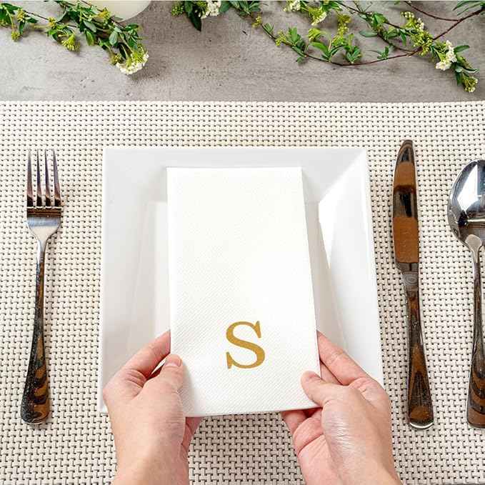 Luxenap 15.8 X 7.9 Inch Linen-Feel Guest Towels, 50 Lettered Hand Towels - Gold Letter 'S', Sans Serif Font, White Paper Dinner Napkins, airlaid, For Restrooms And Tables