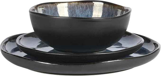 Gibson Elite Nardini 12 Piece (Service for 4) Plates and Bowls Reactive Glaze Dishes Stoneware Ceramic Dinnerware Set - Black and Blue