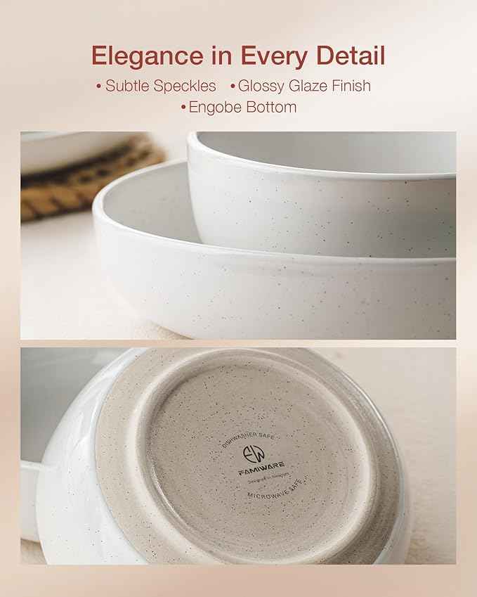 Famiware Milkyway Stoneware Dinnerware Sets with Pasta Bowls, Service for 6 (24 Pieces), Plates and Bowls Sets -Scratch Resistant, Microwave and Dishwasher Safe Dishes Set, White