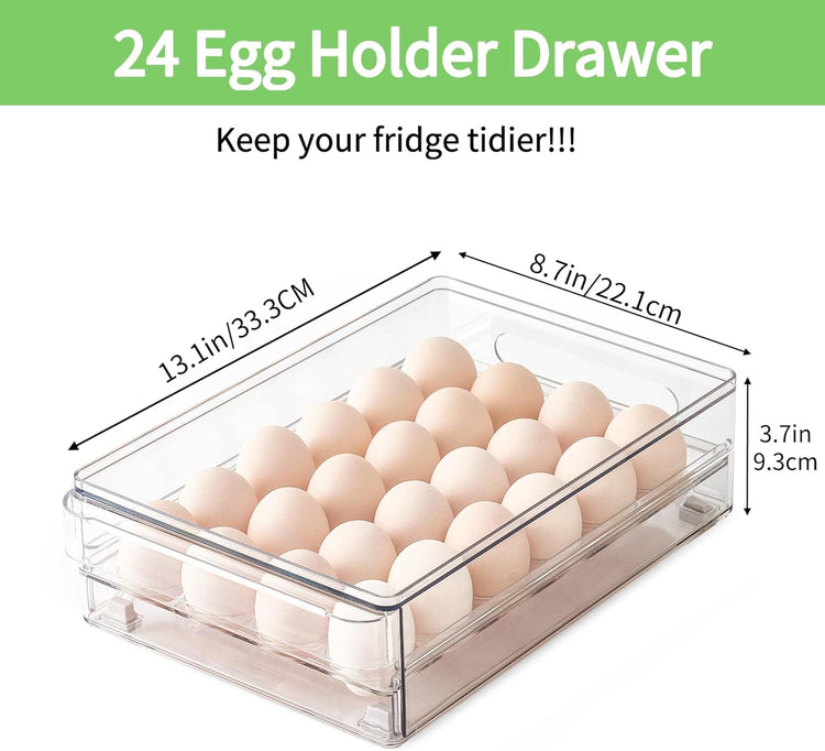 vacane 24 Capacity Egg Holder for Refrigerator Organizer Bins, BPA Free Egg Storage Container with Non-Slip Pads, Space-Saving Egg Tray for Fridge Drawer