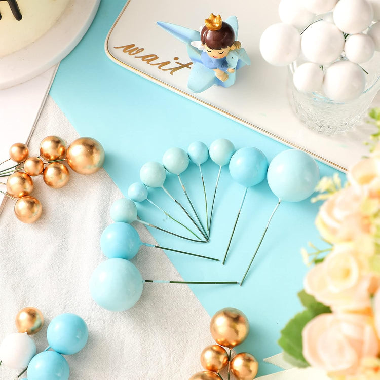 108 Pcs Balls Cake Topper DIY Cupcake Insert Foam Balloons for Cake Baking Wedding Anniversary Birthday Decoration(Blue, White, Gold,Multi Sizes)