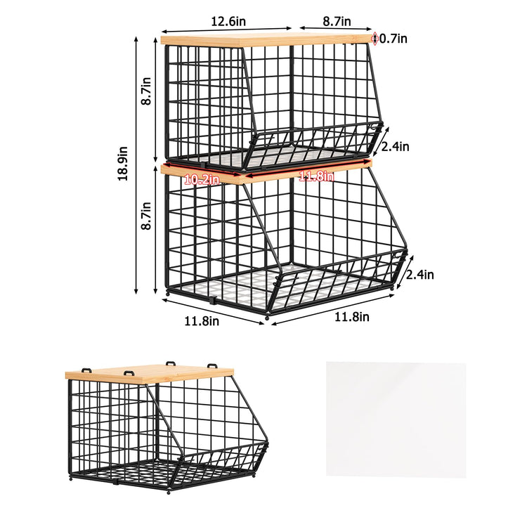 2 Set Stackable Wire Basket with Wooden Tops & Pad for kitchen organizers and storage (2 Count)