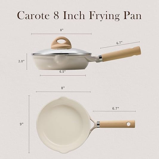 CAROTE 8" Ceramic Frying Pan with Lid, Non Stick Frying Pan Skillet Chef's Pan, Healthy & PFOA/PFAS Free, Induction-Compatible, Taupe
