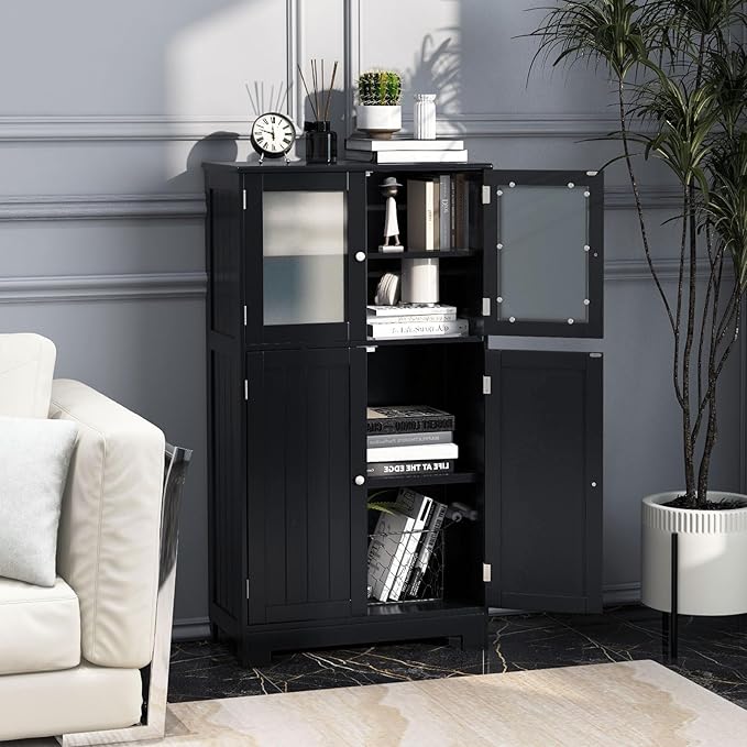 COSTWAY Bathroom Storage Cabinet, Wooden Linen Storage Organizer Cupboard with Doors & Adjustable Shelf, Freestanding Floor Cabinet for Living Room, Kitchen, Entryway, Office (Black)