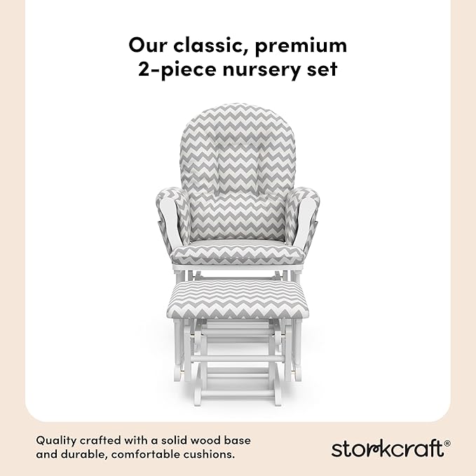 Storkcraft Premium Hoop Glider & Ottoman (White/Gray Chevron) — GREENGUARD Gold Certified Nursery Glider, Solid Wood Craftsmanship, Smooth-Gliding Nursery Chair and Ottoman, Award-Winning