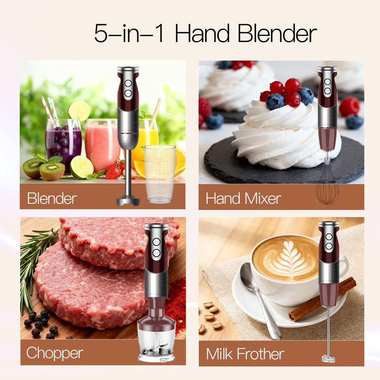 5-in-1 Immersion Hand Blender, Titanium Reinforced Blades (80% Sharper), 12-Speed Powerful Stick Blender with 500ml Chopper, 600ml Beaker, Whisk & Milk Frother for Smoothies, Baby Food & Soup