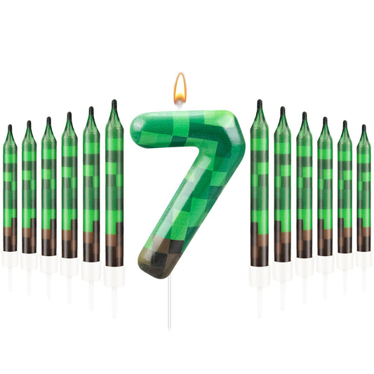 13 Pcs Dynamite Themed Birthday Cake Candles & Number 7 Candle Topper for Pixel Theme Birthday Party (13 Count)