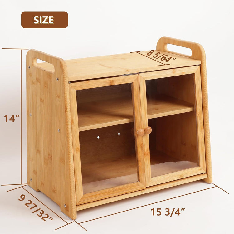 AMBIRD Bamboo Bread Box 20L Large Capacity with Clear Acrylic Doors - Double Layer Food-Safe Bread Storage with Air Vents and Side Handles - Keep Bread Fresh and Counter Clutter-Free