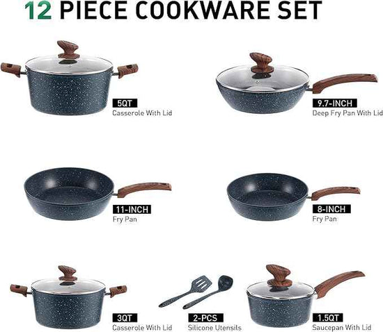 MAISON ARTS Pots and Pans Set Non Stick, Kitchen Cookware Sets Nonstick, 12 Piece Granite Cooking Pot and Pan for Induction, Stovetop, Blue