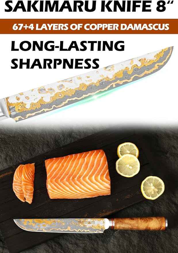 YOUSUNLONG Sakimaru Knife 8" - Japanese Sushi Knife - Handmade Copper Damascus Steel Carving Knives - Ultra Sharp Salmon Knife - Naturel Burl Wooden Handle with Leather