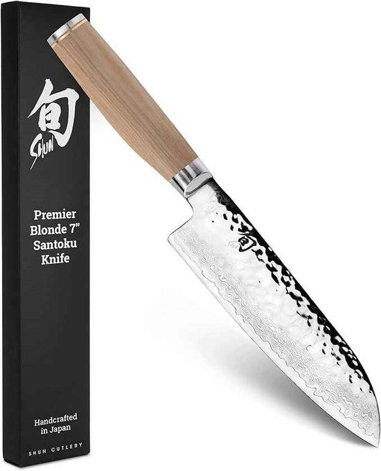 Shun Premier Blonde 7" Santoku Knife, Handcrafted and Hand-Sharpened Japanese All Purpose Knife, VG-MAX Core with Damascus Stainless Steel Cladding, Pakkawood Handle, Versatile Japanese Cutting Tool