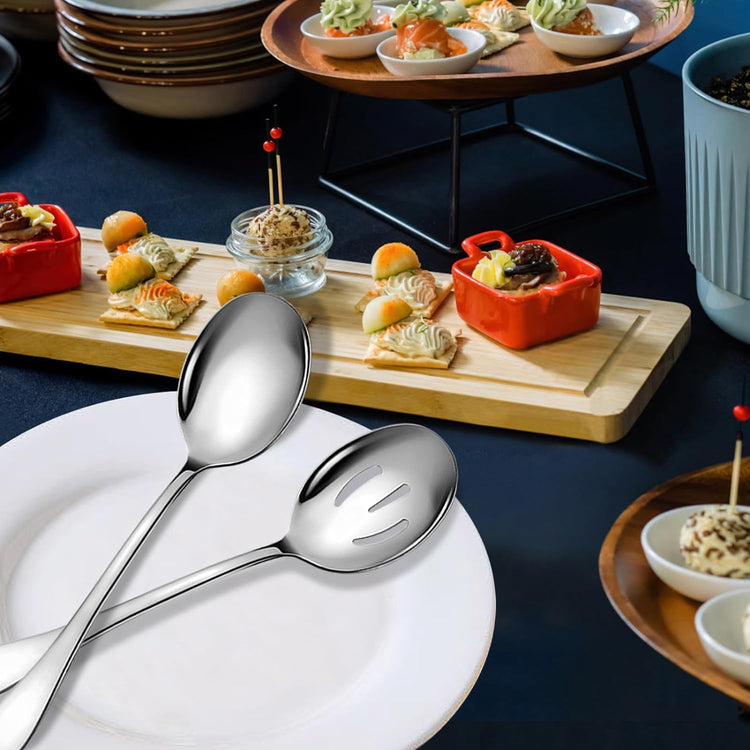 Stainless Steel Serving Spoons Set, 8pc - Includes 4 Large Spoons, 4 Slotted. Perfect for Parties/Buffet, Dishwasher Safe, 10-Inch