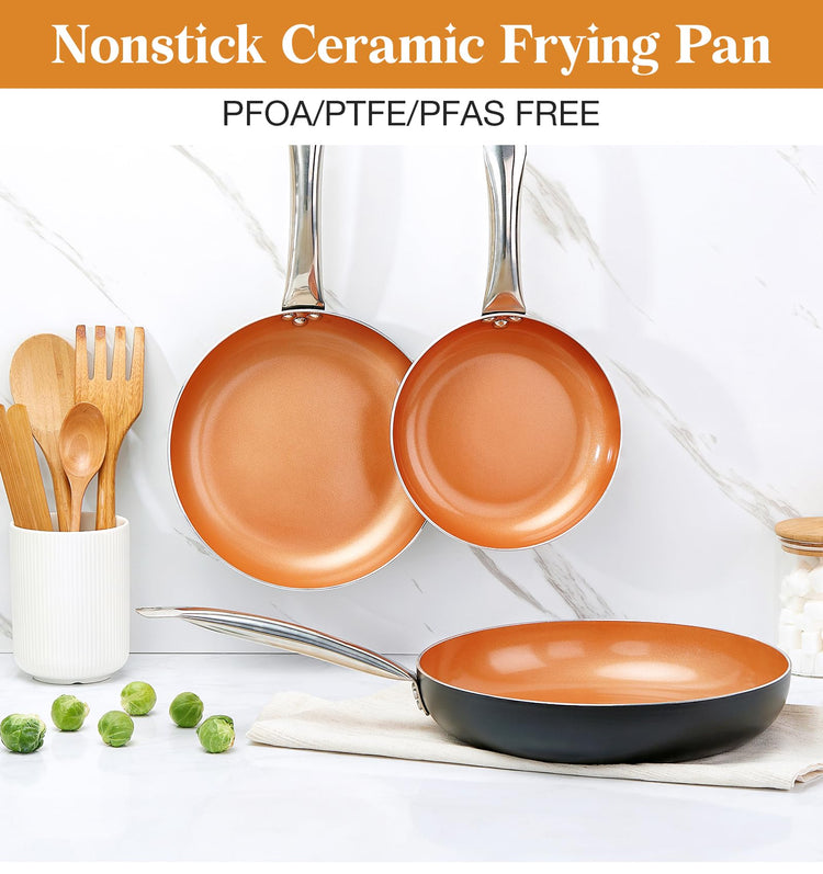 10in Copper Nonstick Frying Pans with Lids and Titanium Ceramic Interior