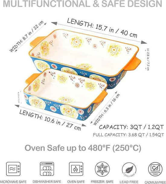 Ceramic Baking Dish Set, 2-Piece Stoneware Bakeware with Handles, 3QT & 1.2QT Casserole Dishes for Oven to Table, Microwave Dishwasher Safe, Lead-Free, Hand-Painted Bakeware -Ocean Blue