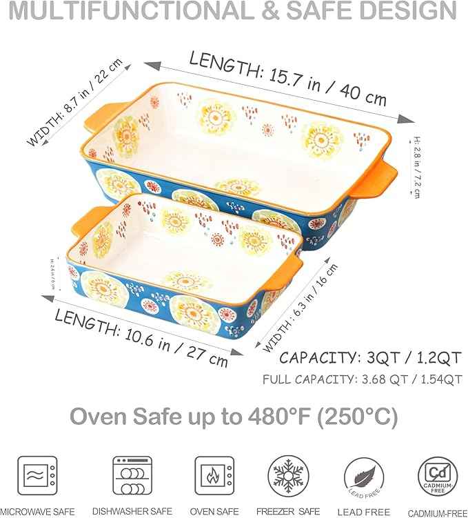 Ceramic Baking Dish Set, 2-Piece Stoneware Bakeware with Handles, 3QT & 1.2QT Casserole Dishes for Oven to Table, Microwave Dishwasher Safe, Lead-Free, Hand-Painted Bakeware -Ocean Blue