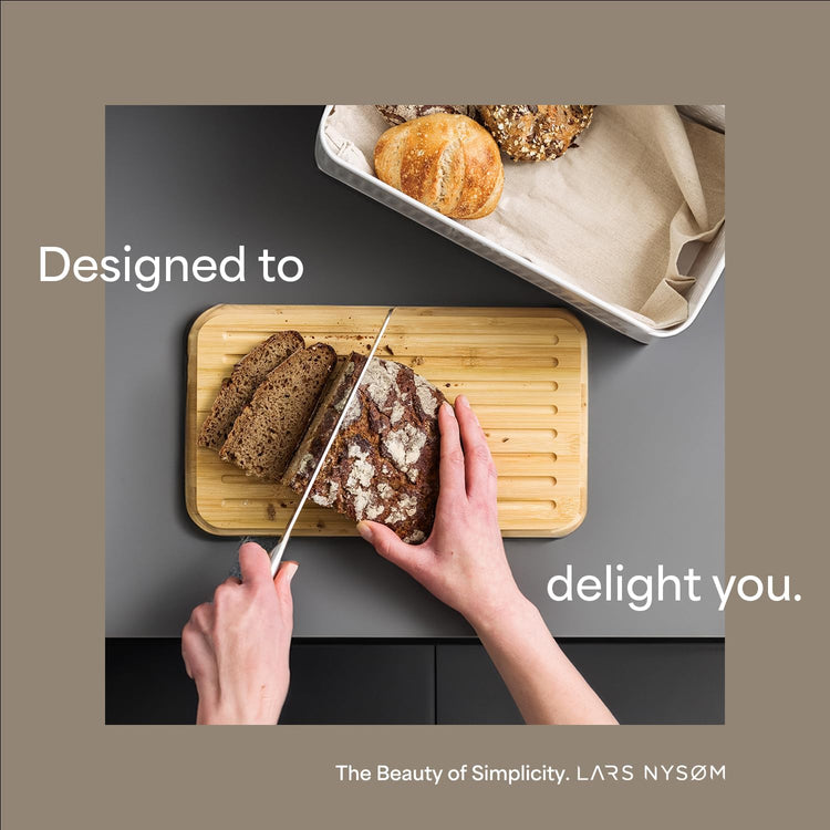 LARS NYSØM Bread Box I Metal Box with linen bag for long lasting freshness I Bread Bin with bamboo lid usable as cutting board I 13.4x7.3x5.3In (Brick Red)
