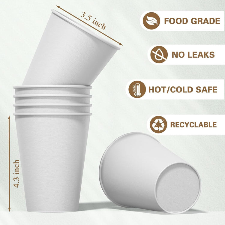 100 count 12 oz Coffee Cups, Leak-Proof Paper Cups 12 oz, Sturdy White Disposable Paper Coffee Cups for Cold and Hot Drinks