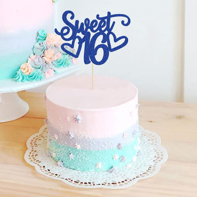 1Pc Sweet Teenager 16 Cake Topper Glitter 16th Birthday Cake Pick for Cheers to 16 Years Old 16th Birthday Party Cake Decorations Supplies Blue