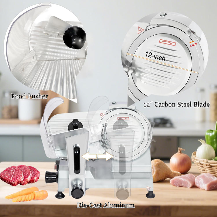 CTJ Commercial Meat Slicer 12" Electric Deli Slicers 250W Meat Cutter Machine (0-0.62") Adjustable Thickness Food Slicer with Cut-Resistant Gloves for Vegetables, Hard Bread, Cheese, Ham
