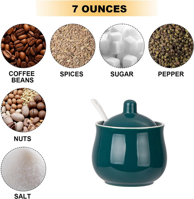 Ceramic Sugar Bowl with Lid and Spoon, Green Porcelain Sugar Salt Pepper Storage Jar, 8 Ounces