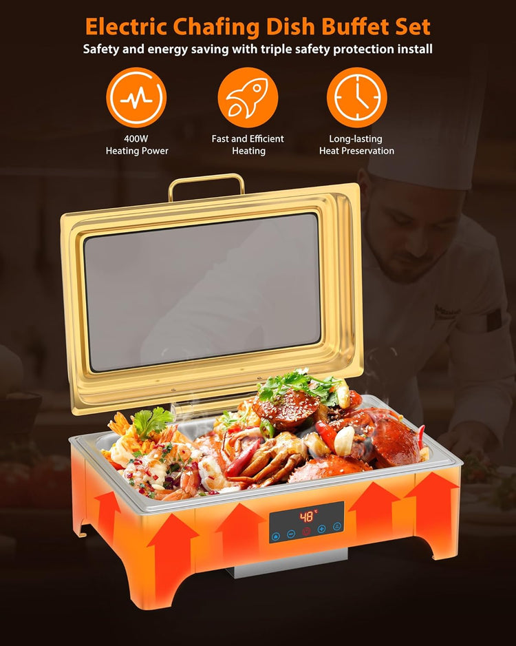 Electric Chafing Dish, 9QT Full Size Touch Screen Chafing Dishes for Buffet Roll Top Set Food Servers and Warmer with Glass Lid for Catering, Parties, Weddings, Gold