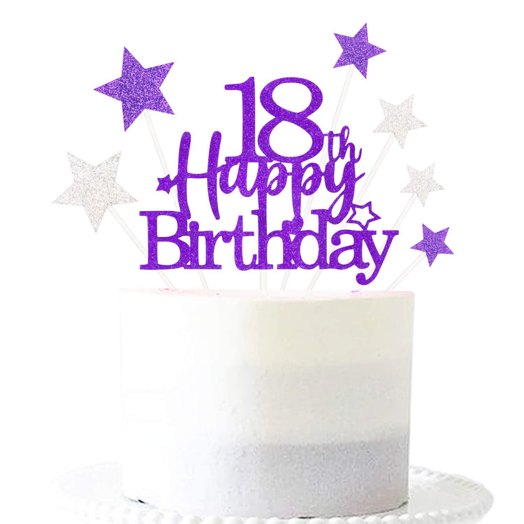 Purple Silver 18th Birthday Cake Topper with Glittery Stars (7 Count)