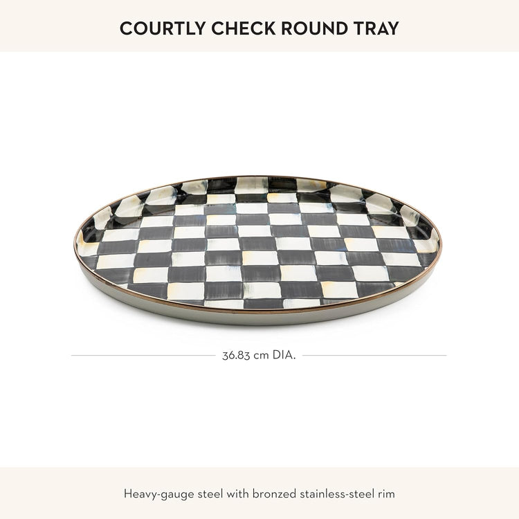 MACKENZIE-CHILDS Enamel Round Tray, Unique Serving Platter for Food and Drinks, Black-and-White Courtly Check