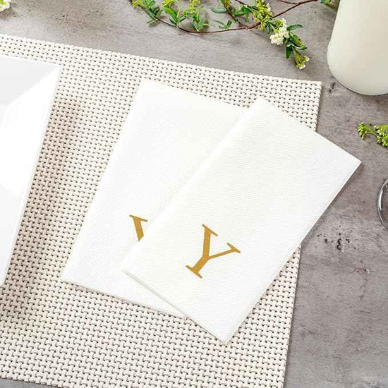 Luxenap 15.8 X 7.9 Inch Linen-Feel Guest Towels, 50 Lettered Hand Towels - Gold Letter 'Y', Sans Serif Font, White Paper Dinner Napkins, airlaid, For Restrooms And Tables - Restaurantware