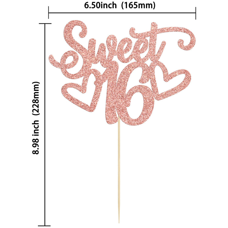 1Pc Sweet Teenager 16 Cake Topper Glitter 16th Birthday Cake Pick for Cheers to 16 Years Old 16th Birthday Party Cake Decorations Supplies Rose Gold
