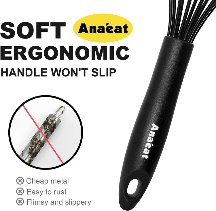 Anaeat Silicone Kitchen Whisk Set of 4, Perfect for Non-Stick Cookware, Egg Beater Milk Blender for Whisking, Cooking, Baking, Beating - 11'' Flat Whisk and 8.5''+10.5''+12'' Balloon Whisks (Black)