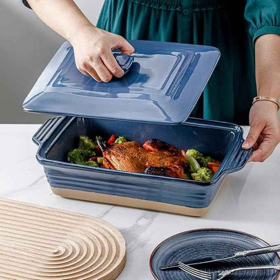 HVH Ceramic Casserole Dish with Lid Oven Safe, 3.5 Quart Large Casserole Dish, Covered Rectangular Casserole Dish Set, 9x13 Casserole Dish, Baking Dishes for Casseroles, Farmhouse Style (Blue)