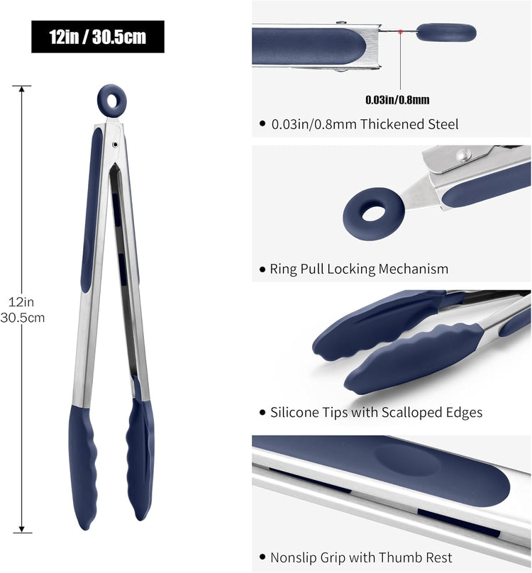 Doosu Kitchen Tong for Cooking: 600°F Heat-Resistant Silicone Food Tong, Stainless Steel Locking Tongs for BBQ (12in, Blue)