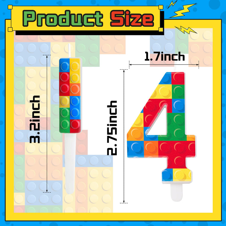 7 Pcs Building Block Themed Birthday Candles Set Building Blocks Number 4 Candle Cake Topper for Building Block Party Decoration Supplies (7 Count)
