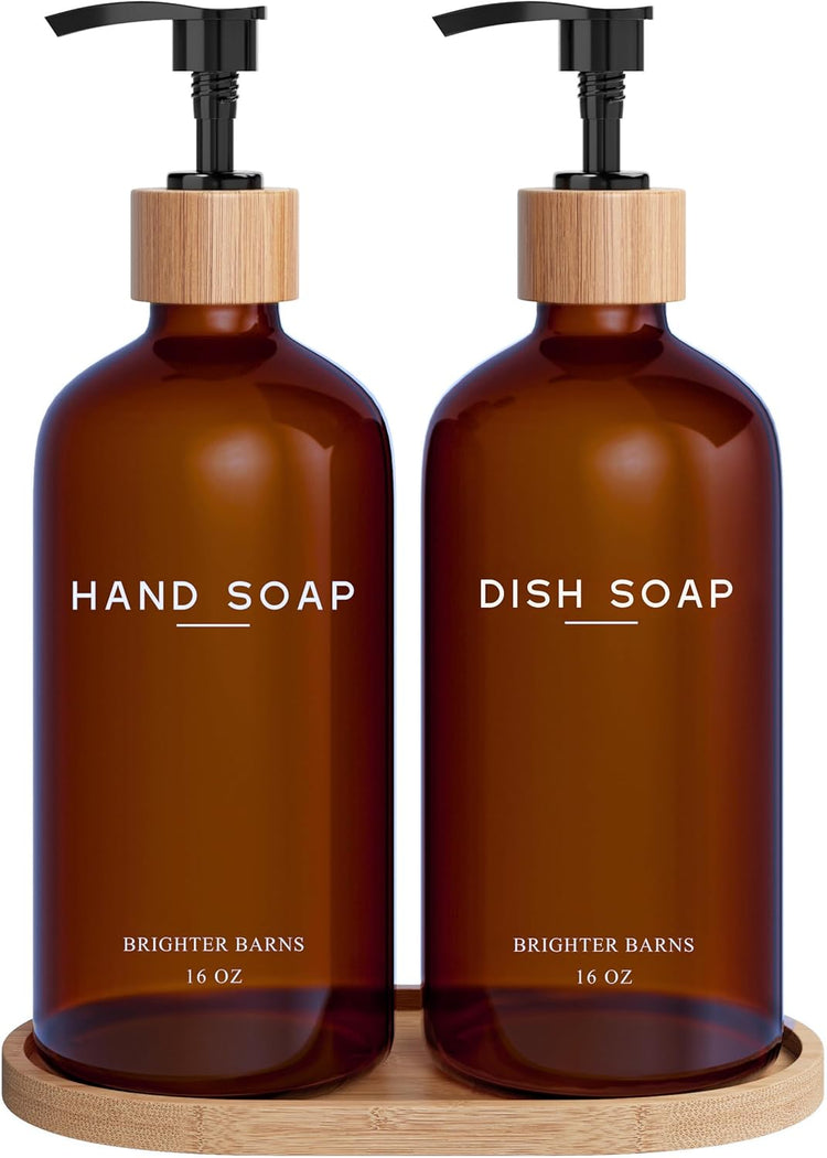 Amber Glass Hand and Dish Soap Dispenser Set by Brighter Barns - Kitchen Soap Dispenser Set with Tray - Bamboo Pump Bottles for Kitchen Sink - Modern Home Decor, Neutral Decor for Airbnb, Gift (Amber)