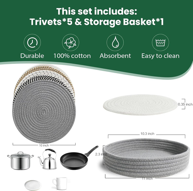 RIOOP 10 Inches Trivets for Hot Dishes, Pots and Pans with Storage Basket, 5 Heat Resistant Large Coaster for Kitchen, Hot Pads Mats for Countertops Table Kitchen Essentials Farmhouse Halloween Decor
