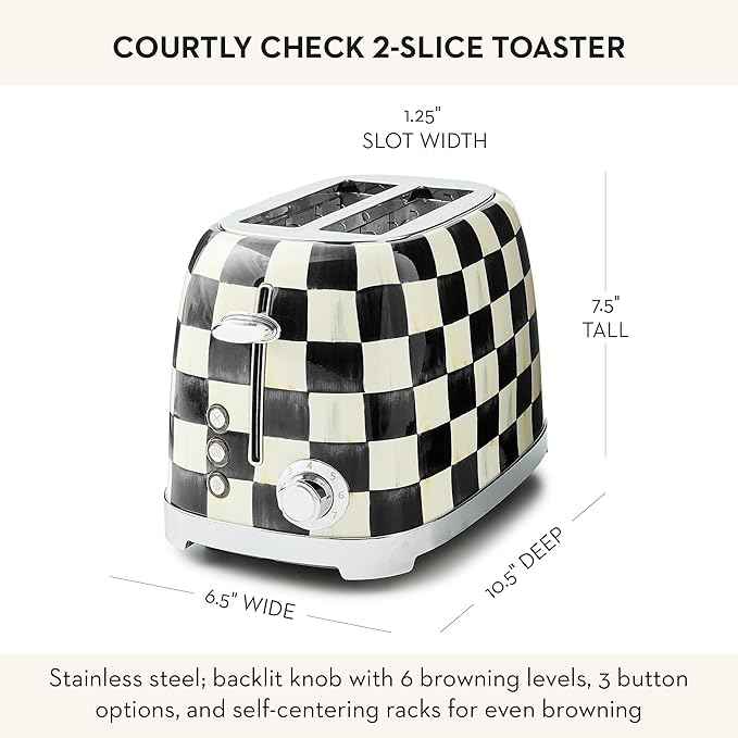 MACKENZIE-CHILDS Stainless-Steel Electric Kettle Bundle with Stainless-Steel 2-Slice Toaster, Black-and-White Courtly Check