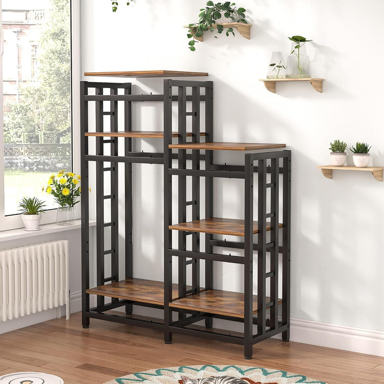 BRIGHTSHOW Kitchen Storage Shelf Bakers Rack, 6-Tier Coffee Bar Table, Kitchen Microwave & Mini Fridge Stand Shelves for Spices, Pots and Pans (52 x 40 x 17.5inch) (Brown no Wheels)