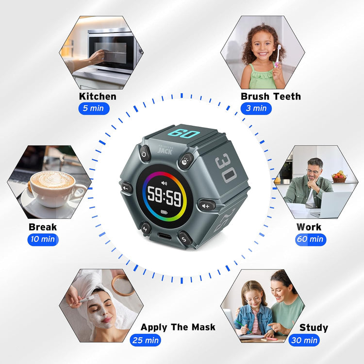 Printers Jack Timer, Visual Pomodoro Timer, Productivity Cube Mute & Vibration & Adjustable Sound Alert, for Office, ADHD, Study, Work, 3/5/10/25/30/60min & Custom Countdown - Iron Gray