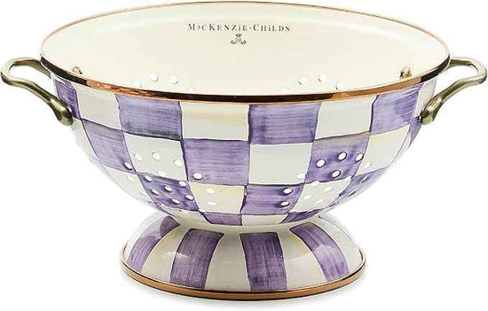 MACKENZIE-CHILDS Enamel Colander, Decorative Kitchen Strainer, Large, Purple-and-White Violet Check