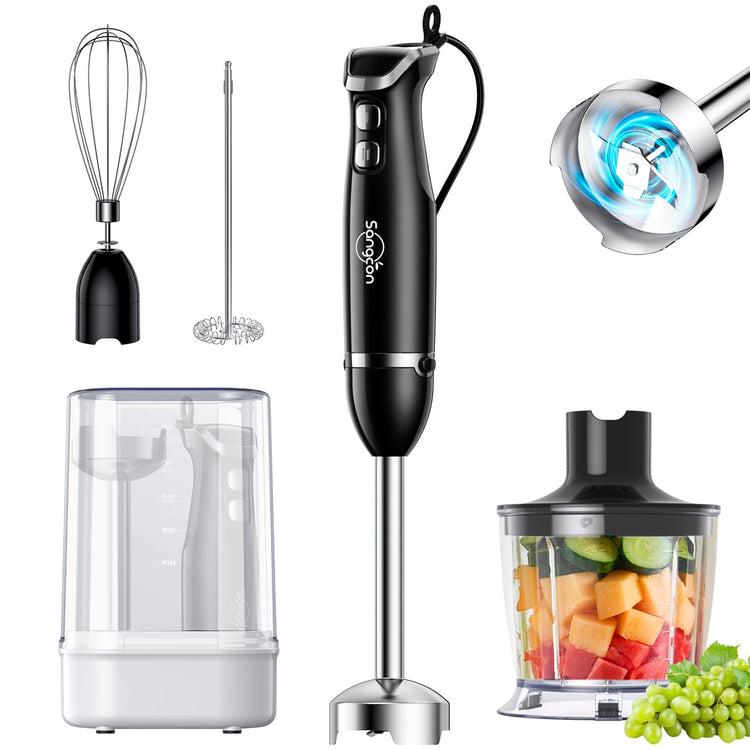 6-in-1 Immersion Blender Handheld, Hand Blender with Chopper & 34oz Blending Cup Storage Base, 2-Speed Adjustable Stick Blender,Stainless Steel Blades, Detachable Blender, Whisk, Milk Frother