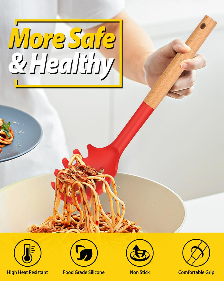 Silicone Pasta Fork and Ladle Spoon Set with Wooden Handle (2 Count)