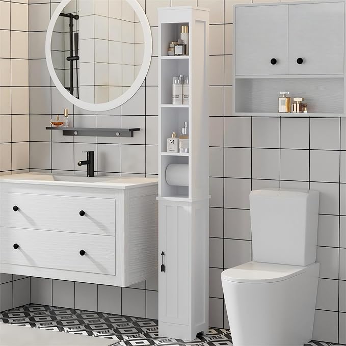 VECELO 71" Tall Bathroom Storage Cabinet, Narrow Storage Cabinet with Adjustable Shelves, Toilet Paper Rod and Magnetic Door, Freestanding Slim Bathroom Storage Cabinets for Small Space, White