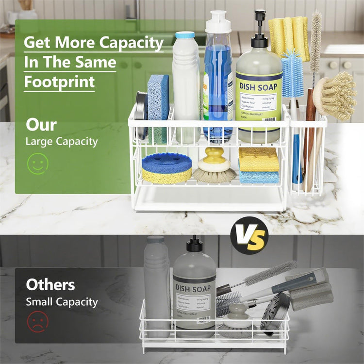 White 2 Tier Kitchen Sink Caddy Organzier Rack with Flexible Dish Brush Holder