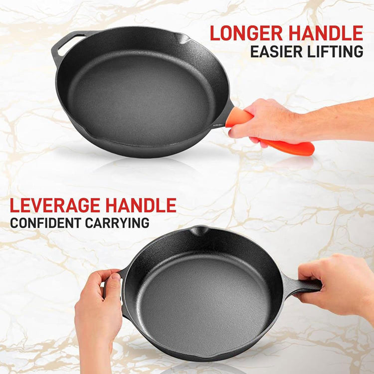 NutriChef 10 Inch Cast Iron Skillet with Lid - Pre-Seasoned Small Fry Pan with Side Drip Spout and Silicone Handle - Nestoria