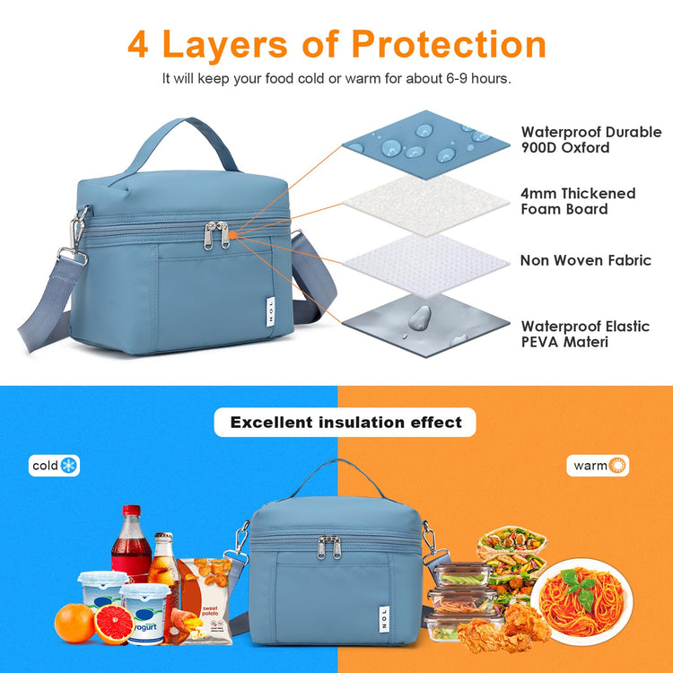 NOL Insulated Lunch Bags for Women Cooler Bag Lightweight Nylon Waterproof Lunch Box for Work Dusty Blue Small 4L