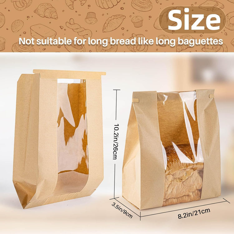 50 Bread Bags with Reusable Ties - Homemade Sourdough Bread Storage Bags Brown Paper Bagel Loaf Bakery Bags with Window Toast Bags with Resealable Ties Disposable Baked Goods Sale Packaging