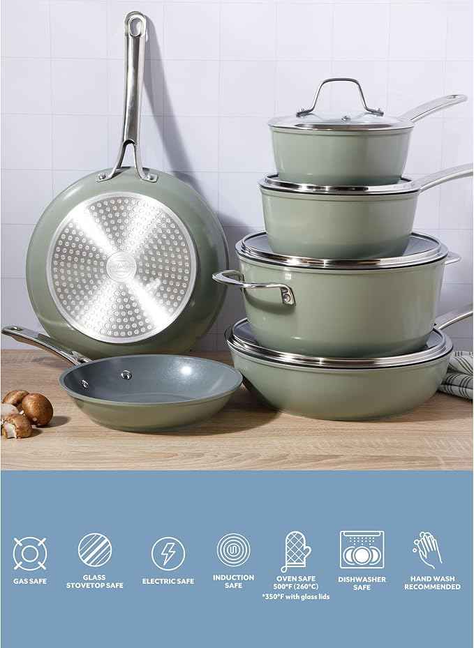 Sur La Table Kitchen Essentials Cool Commune Hard Anodized 10 Piece PFA Free Ceramic Non stick Interior Forged Durable Aluminum Pots and Pans Cookware Set - Green - Induction Compatible