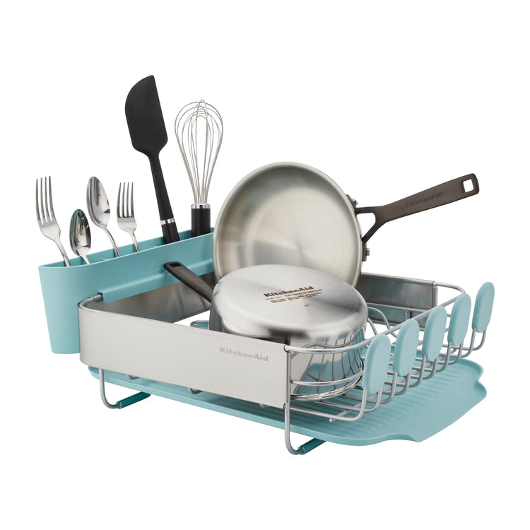 Compact Space Saving Rust Resistant Dish Rack with Removable Flatware Caddy and Angled Self Draining Drainboard