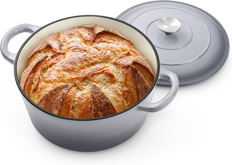 P&P CHEF 5QT Enameled Dutch Oven, Cast Iron Dutch Oven Pot with Lid for Bread Baking, Enameled Casserole Pot for Roasting Braising Stewing Frying Simmering, Various Stoves & Easy Clean, Grey - Nestoria